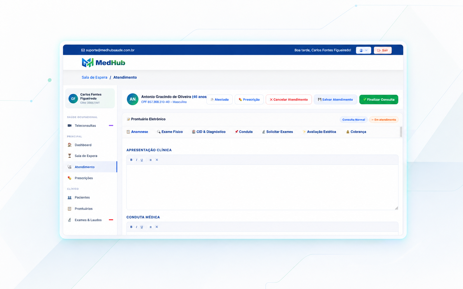 Tela de atendimento da MedHub com anamnese, conduta médica e prontuário eletrônico