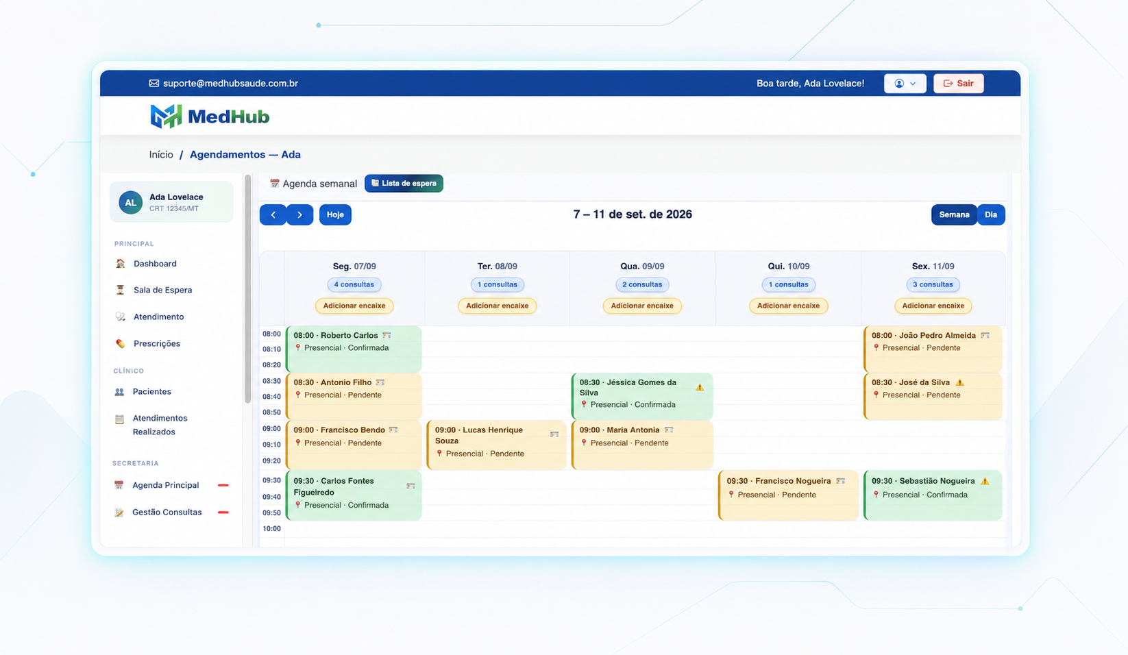 Agenda semanal da MedHub com consultas confirmadas e pendentes organizadas por dia