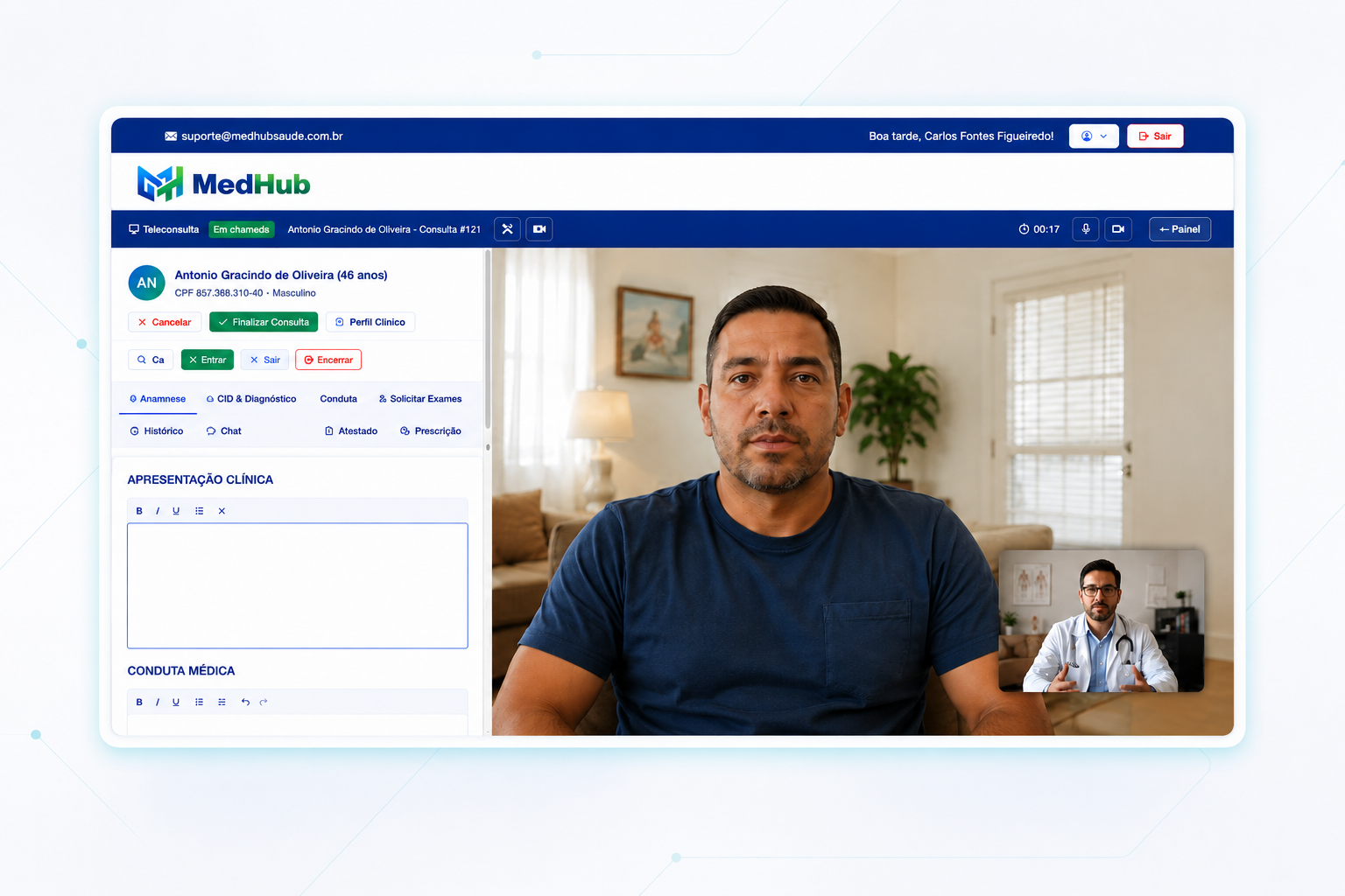 Sala de teleatendimento da MedHub em videochamada entre paciente e profissional