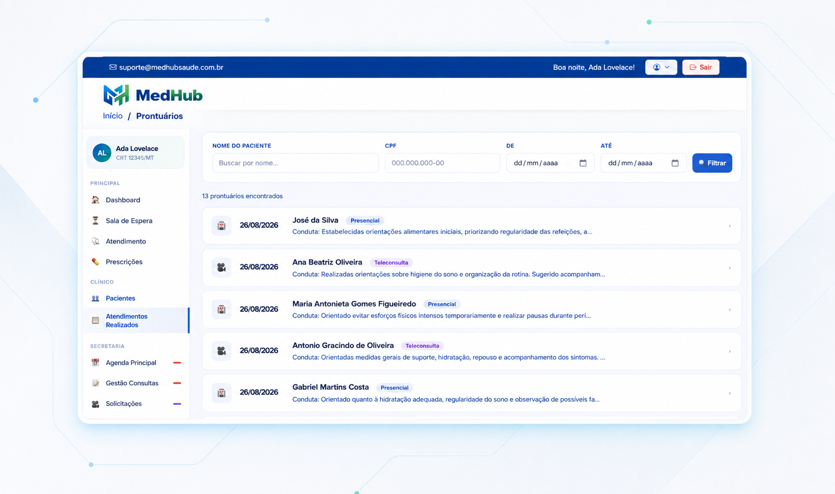 Lista de prontuários e atendimentos realizados na MedHub, presenciais e por teleconsulta